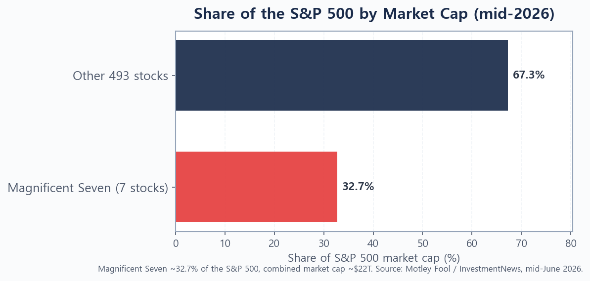 Bar chart showing the Magnificent Seven making up about a third of the S&P 500 while the other 493 stocks make up the rest