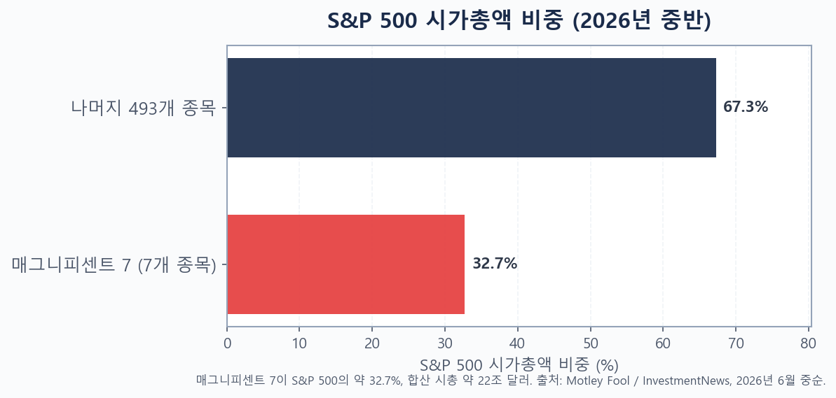 매그니피센트 7이 S&P 500의 약 3분의 1을, 나머지 493개 종목이 나머지를 차지하는 것을 보여주는 막대 그래프