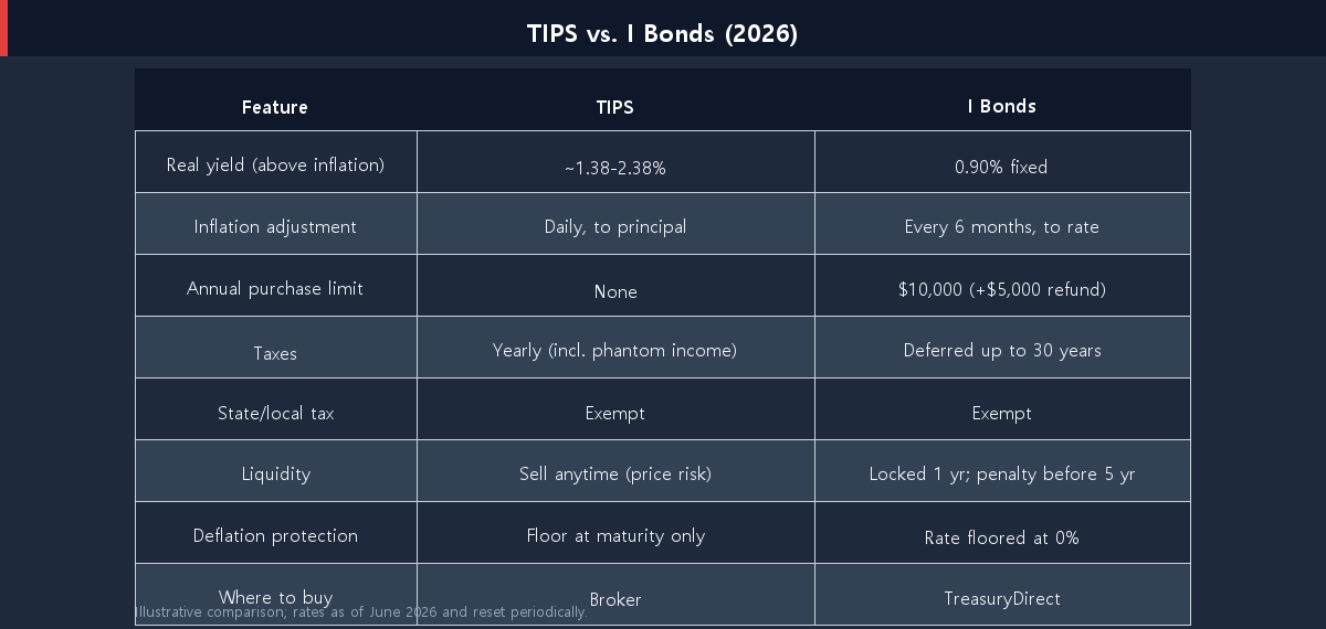 Comparison table of TIPS versus I Bonds across yield, purchase limit, taxes, liquidity, deflation protection, and where to buy