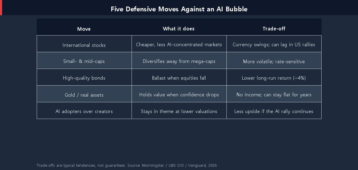 Table comparing five defensive moves against an AI bubble, what each does, and its main trade-off