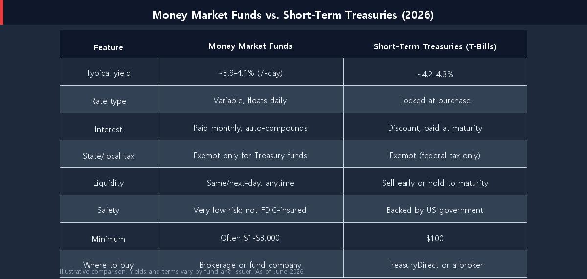 Comparison table of money market funds versus short-term Treasuries across yield, rate type, taxes, liquidity, safety, and minimum