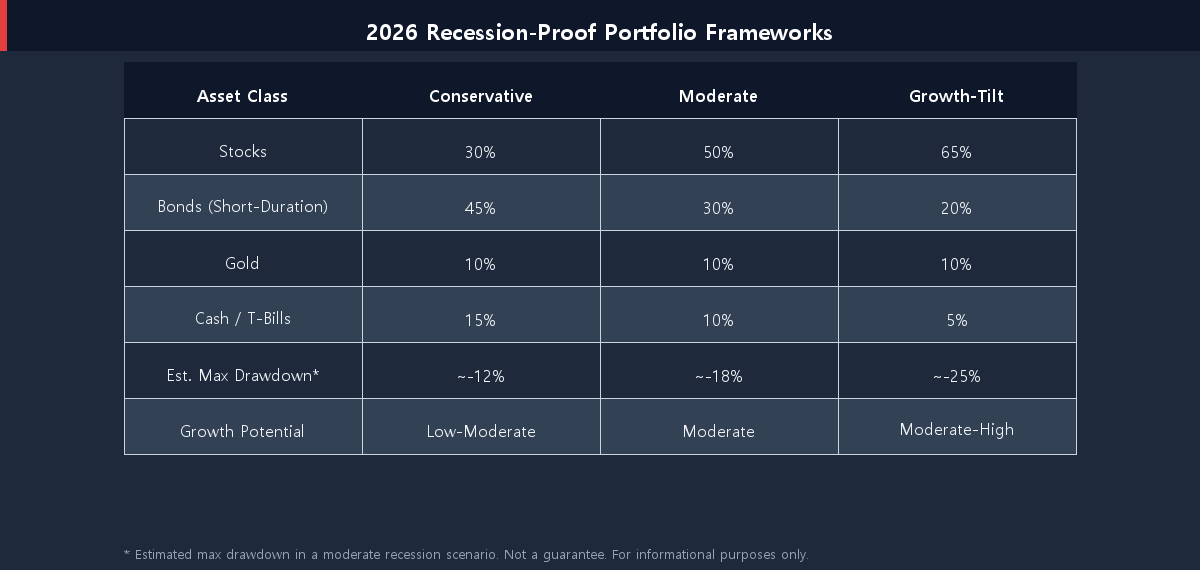 Three sample recession-proof portfolio allocations — Conservative, Moderate, Growth-Tilt 2026