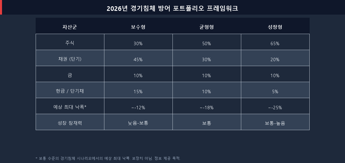경기침체 방어 포트폴리오 배분 3가지 — 보수형, 균형형, 성장형 2026