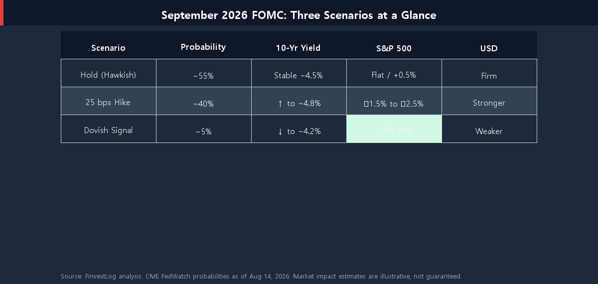 Table showing three September 2026 FOMC scenarios with probability estimates and asset class impacts on 10-year Treasury yield, S&P 500, and USD for Hold, Hike, and Dovish Signal outcomes