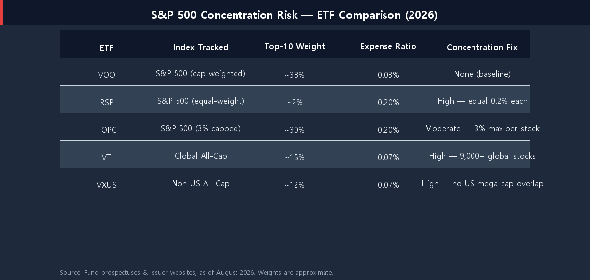 comparison table of VOO vs RSP vs TOPC vs VT vs VXUS ETFs for concentration risk