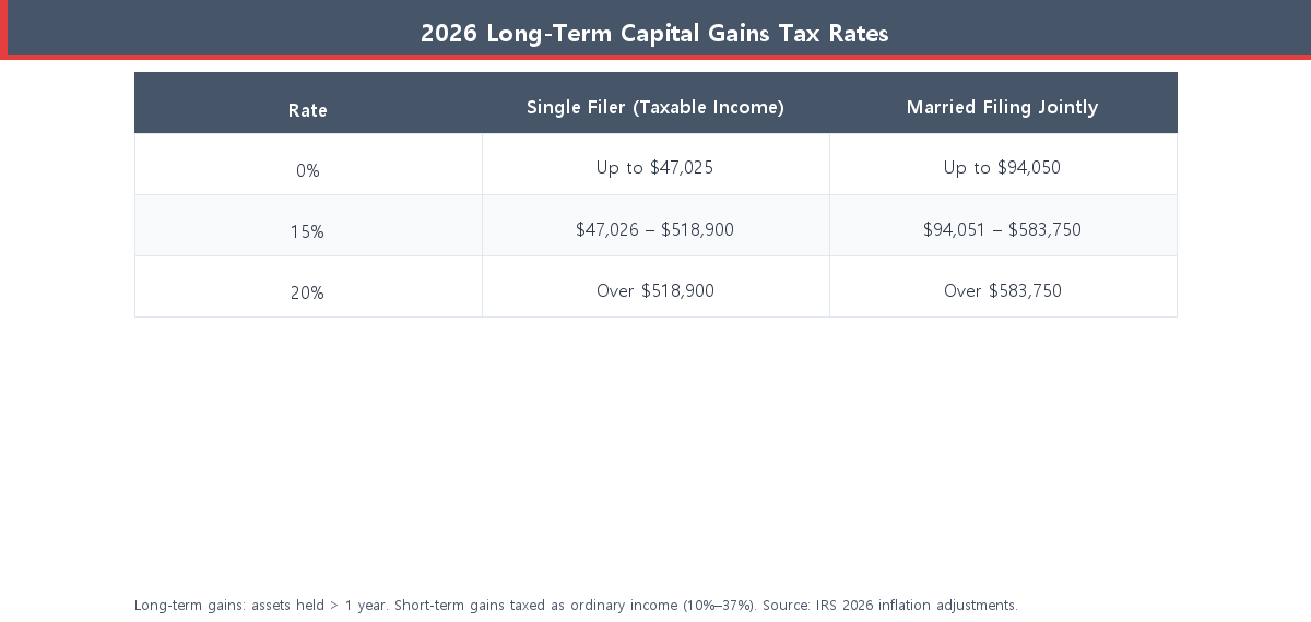 2026 long-term capital gains tax rates table by filing status showing 0%, 15%, and 20% thresholds