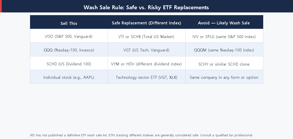Wash sale rule — safe ETF replacement pairs vs. disallowed substantially identical securities