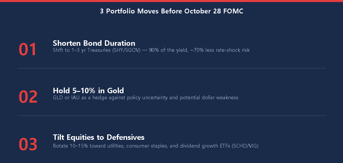 Checklist of 3 portfolio moves to make before October 28 FOMC decision: shorten bond duration, hold gold, tilt to defensives